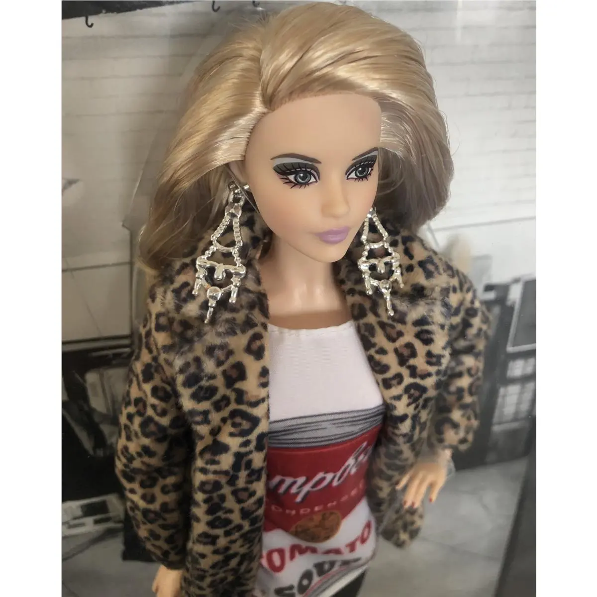 Andy Warhol Campbell`s Soup Barbie Doll with Leather Boots Earrings Fur Coat