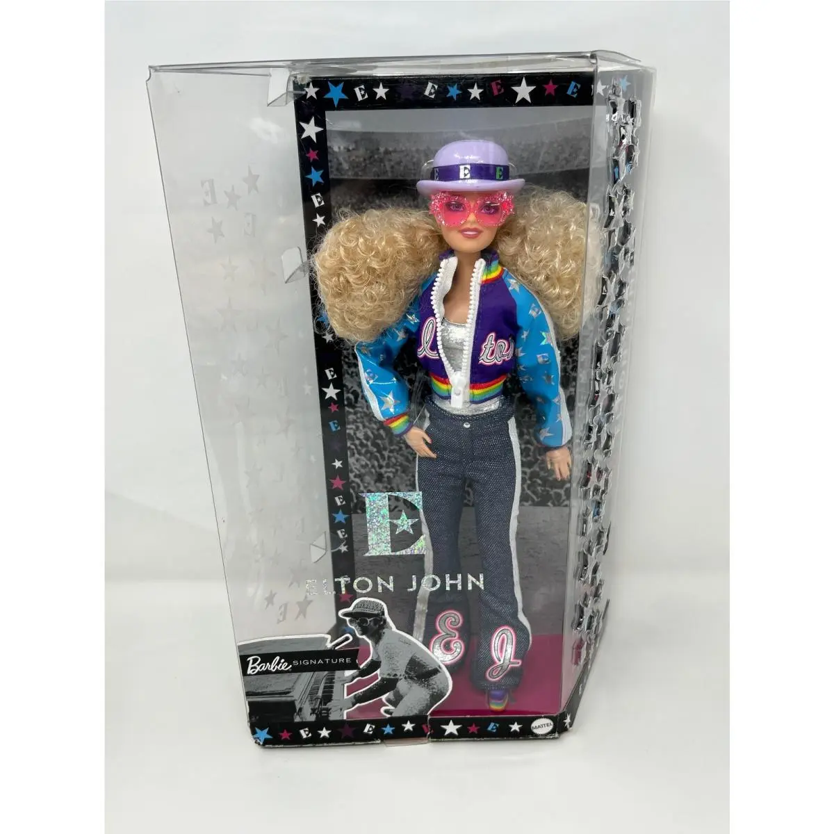 Elton John Barbie Collector Doll 12-inch Curly Blonde Hair in Bomber Jacket a