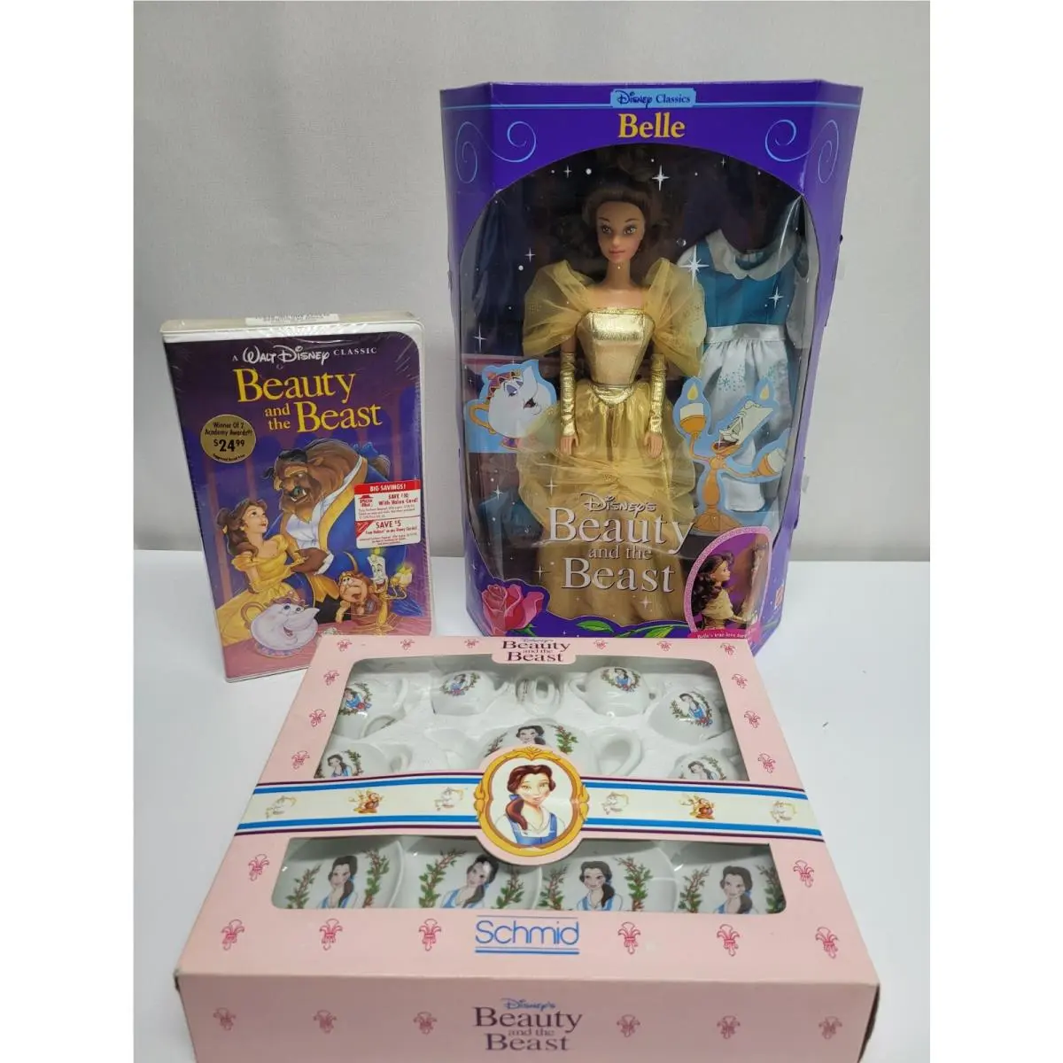 Disney`s Beauty and The Beast Belle Doll by Mattel 1991 Bundle Tea Set Vhs