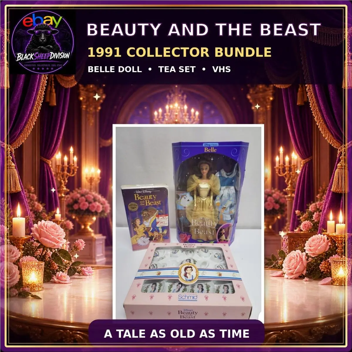 Disney`s Beauty and The Beast Belle Doll by Mattel 1991 Bundle Tea Set Vhs