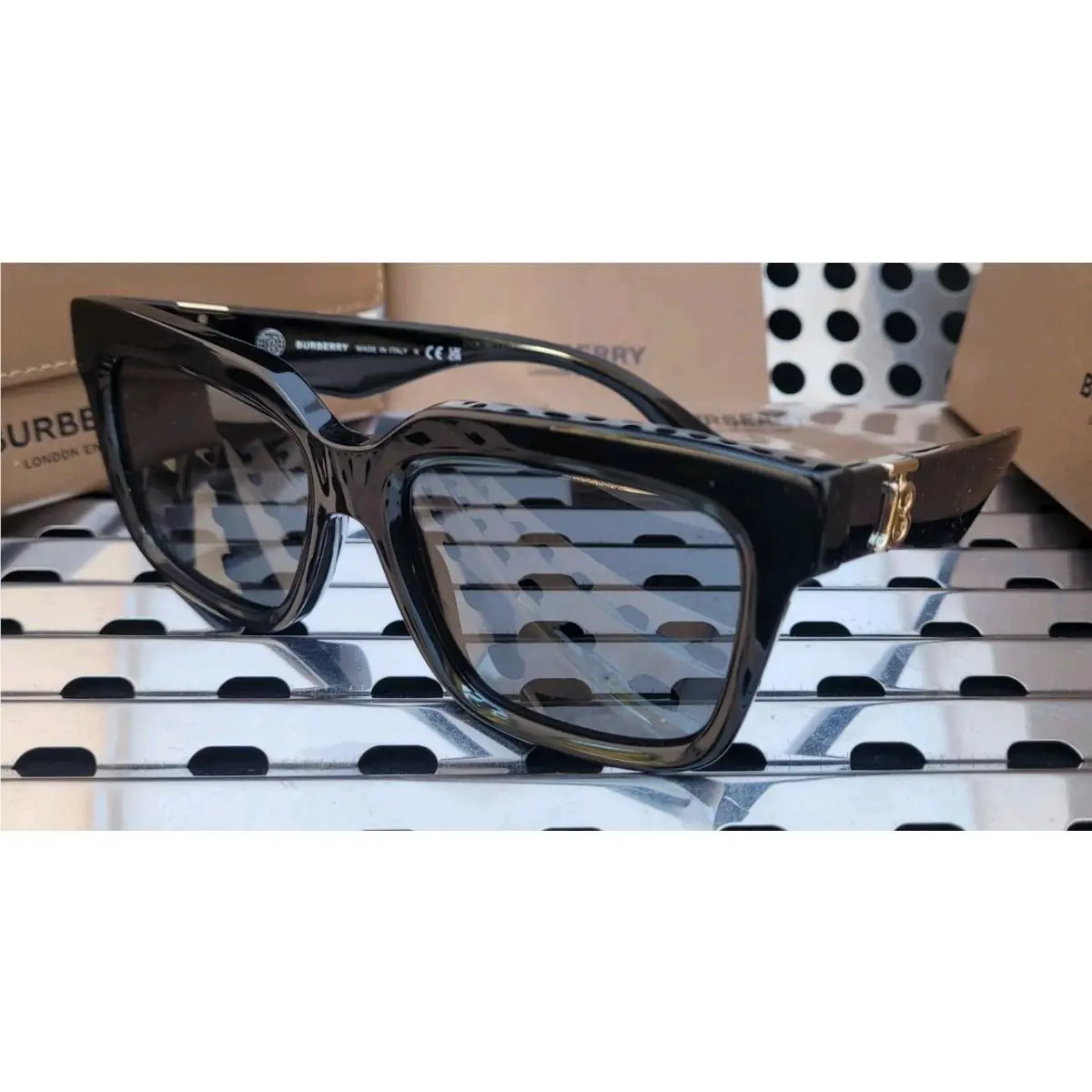 Burberry Sunglasses BE4419 Squared Gloss Black+gold w/ Dark Gray Lenses