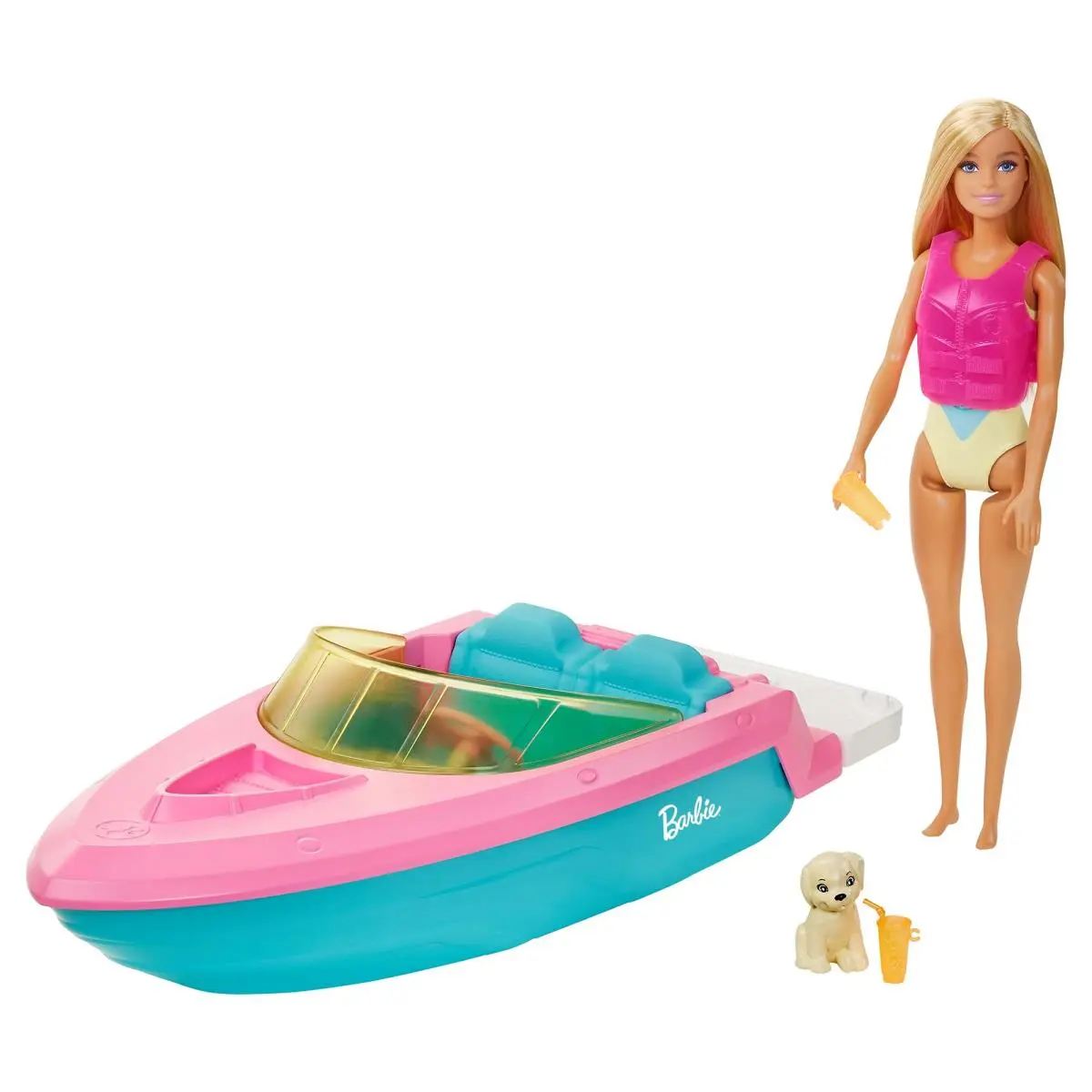 Barbie Doll and Boat Playset with Pet Puppy Life Vest and Accessories Fits 3 D