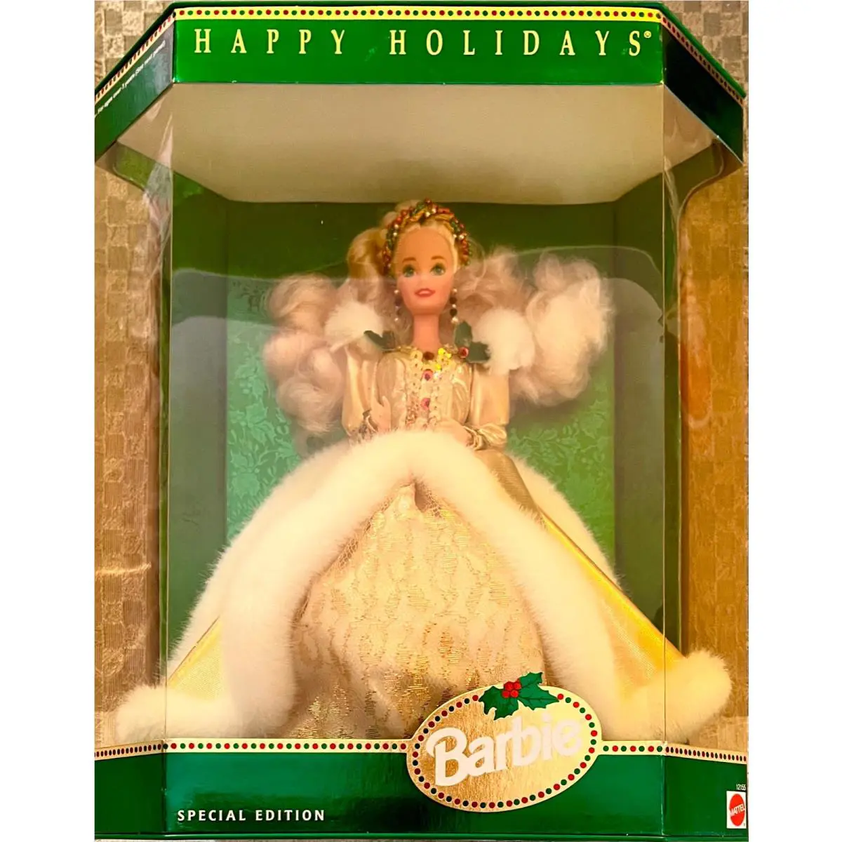 Barbie Happy Holiday: “1994” Special Edition Gold Dress White Fur 12155 Nrfb