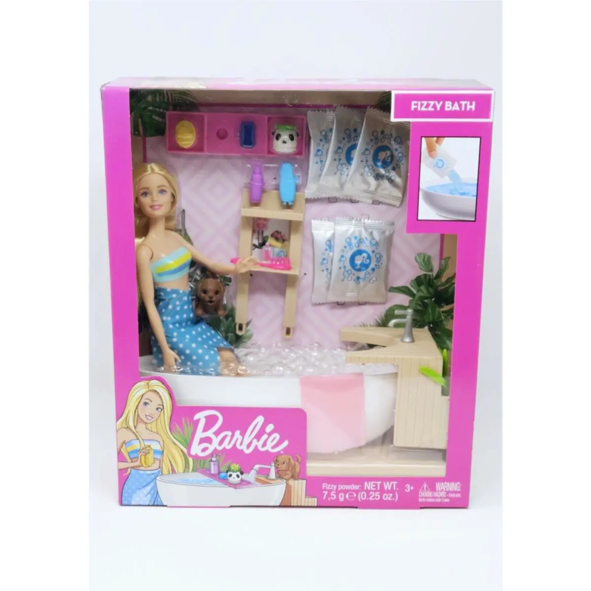 Barbie Fizzy Bath Doll Playset – Spa-themed Bathtub with Doll Blonde Puppy