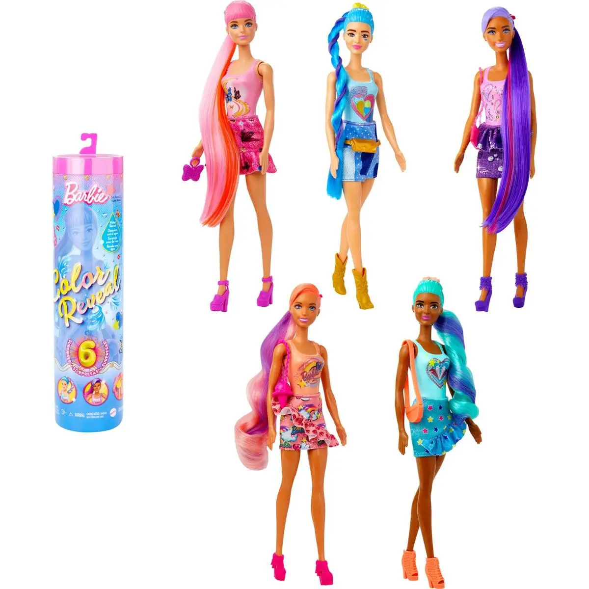 Barbie Color Reveal Totally Denim Doll with 6 Surprises Color Change Ponytail