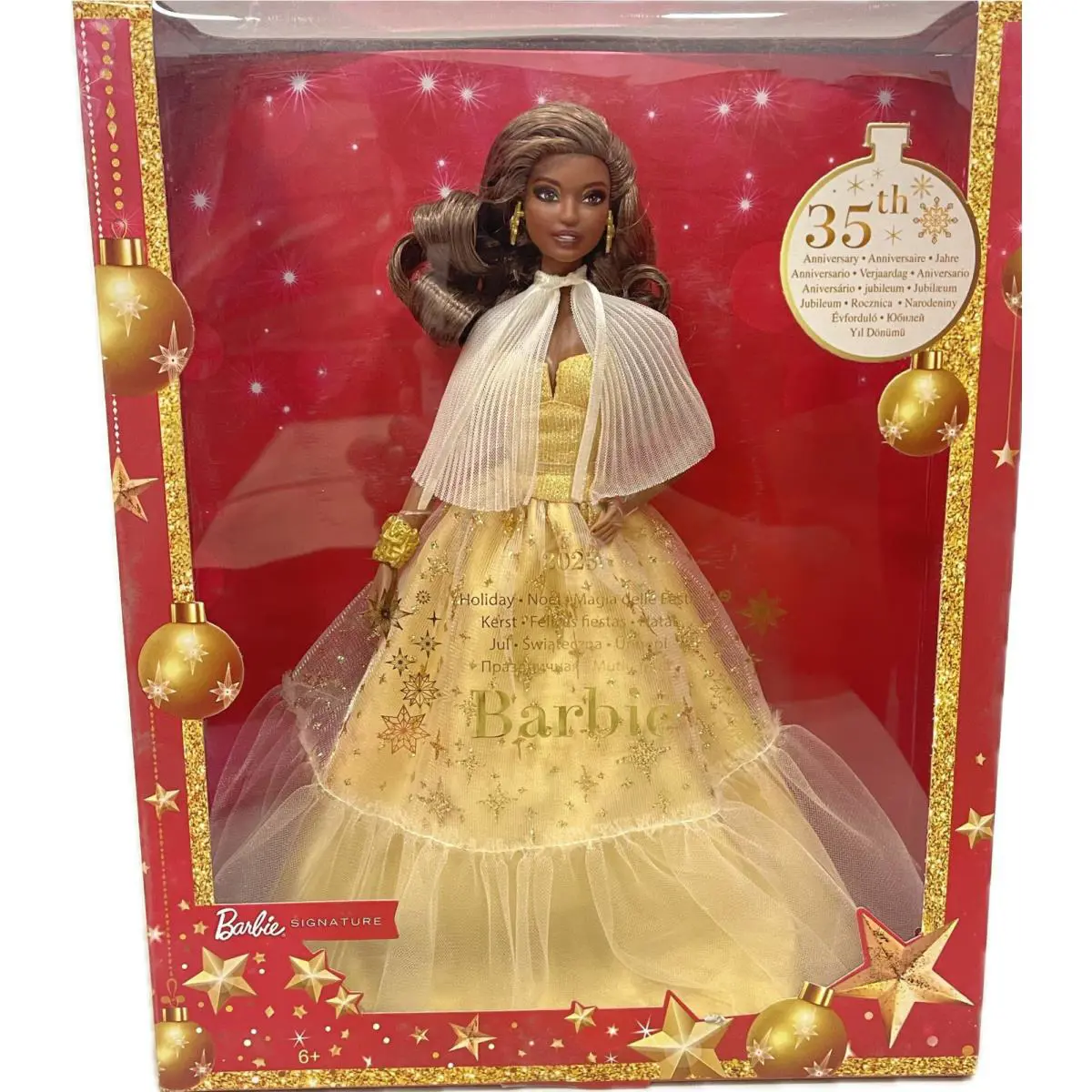 2023 Barbie Signature Collector Holiday Barbie Golden Gown Dark Brown Hair