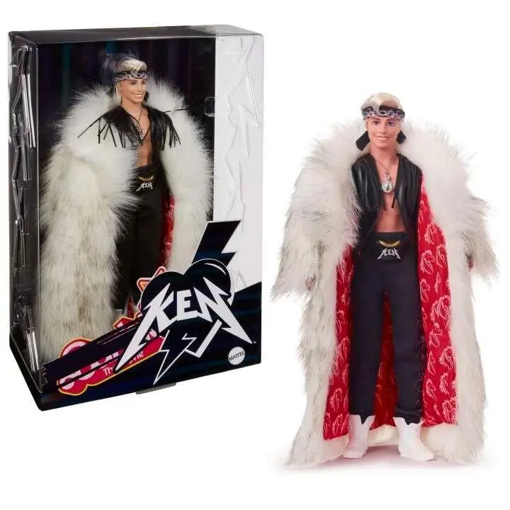 Barbie The Movie Collectible Ken Doll Wearing Fur Coat Black Fringe Vest