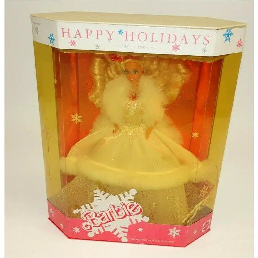 Mattel Happy Holidays 1989 Barbie Doll + Ornament + Doll Stand Box Has Fading
