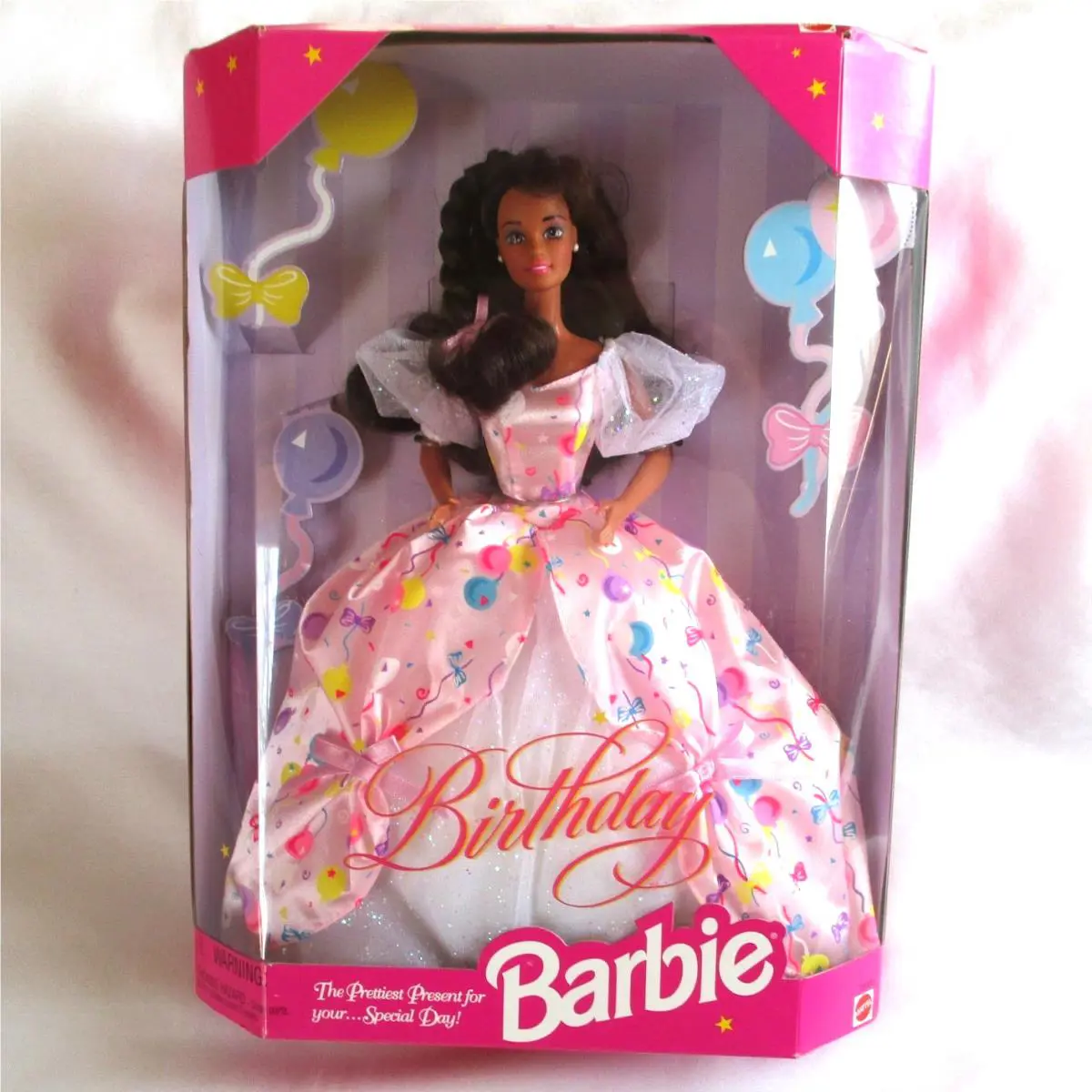 Vtg 1996 Birthday Barbie Doll Brunette Pink Balloon Print Gown Mattel 16000 Nrfb