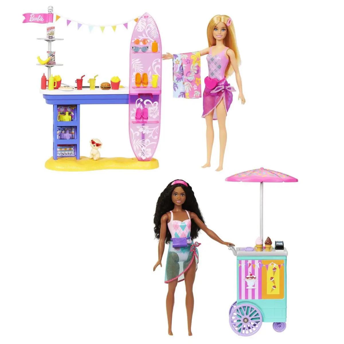 Barbie Beach Boardwalk Playset with 2 Dolls Snacks Kiosk Ice Cream
