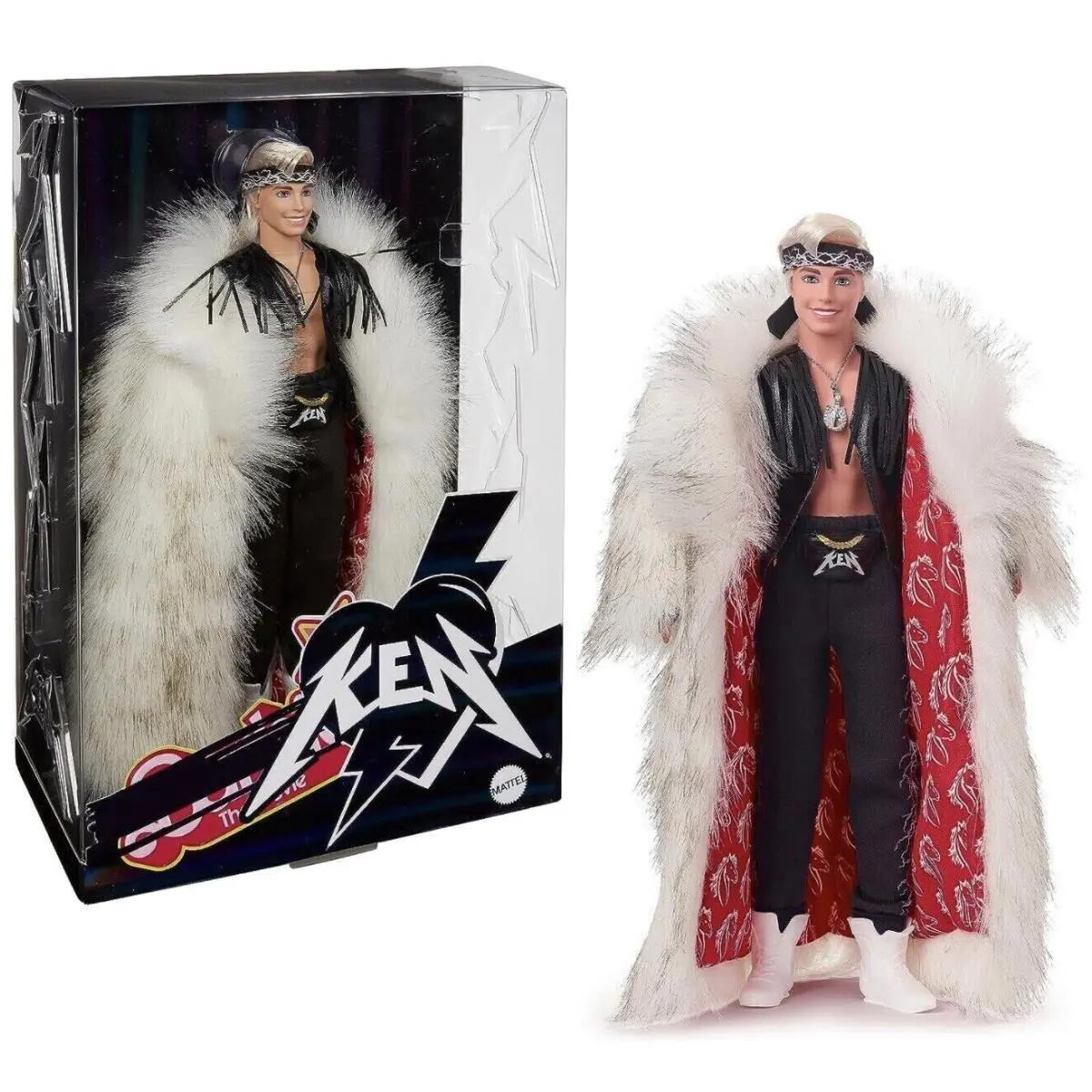 Barbie The Movie Collectible Ken Doll Wearing Fur Coat and Blackfringe Vest