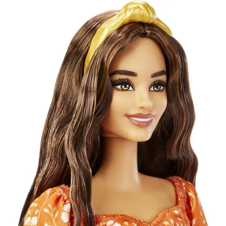 Barbie Doll Long Wavy Brunette Hair Headband Orange Flower Print Decor Dress