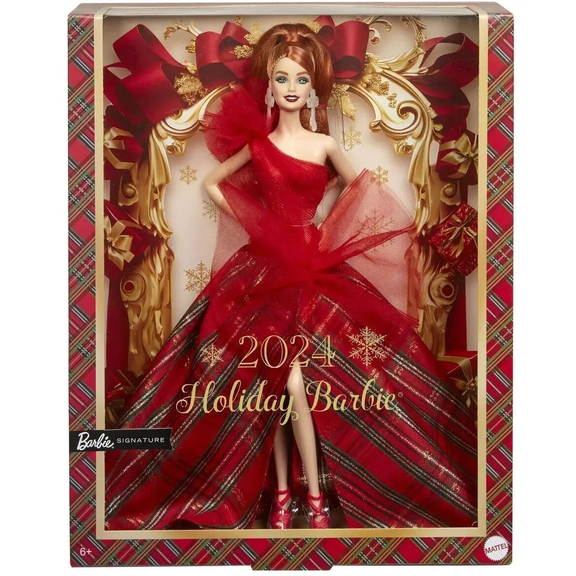 2024 Holiday Barbie Doll Plaid Gown with Red Bow - Red
