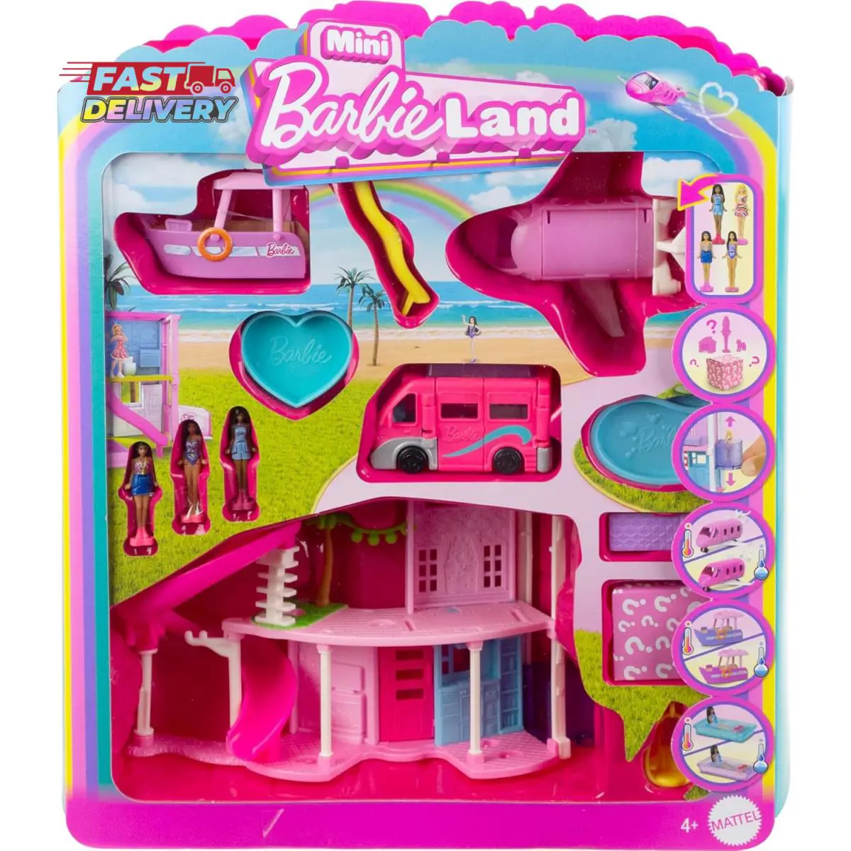 Barbie Mini Barbieland Dreamhouse 3-Vehicle Playset with 4 1.5-Inch Dolls Dol - Multicolor