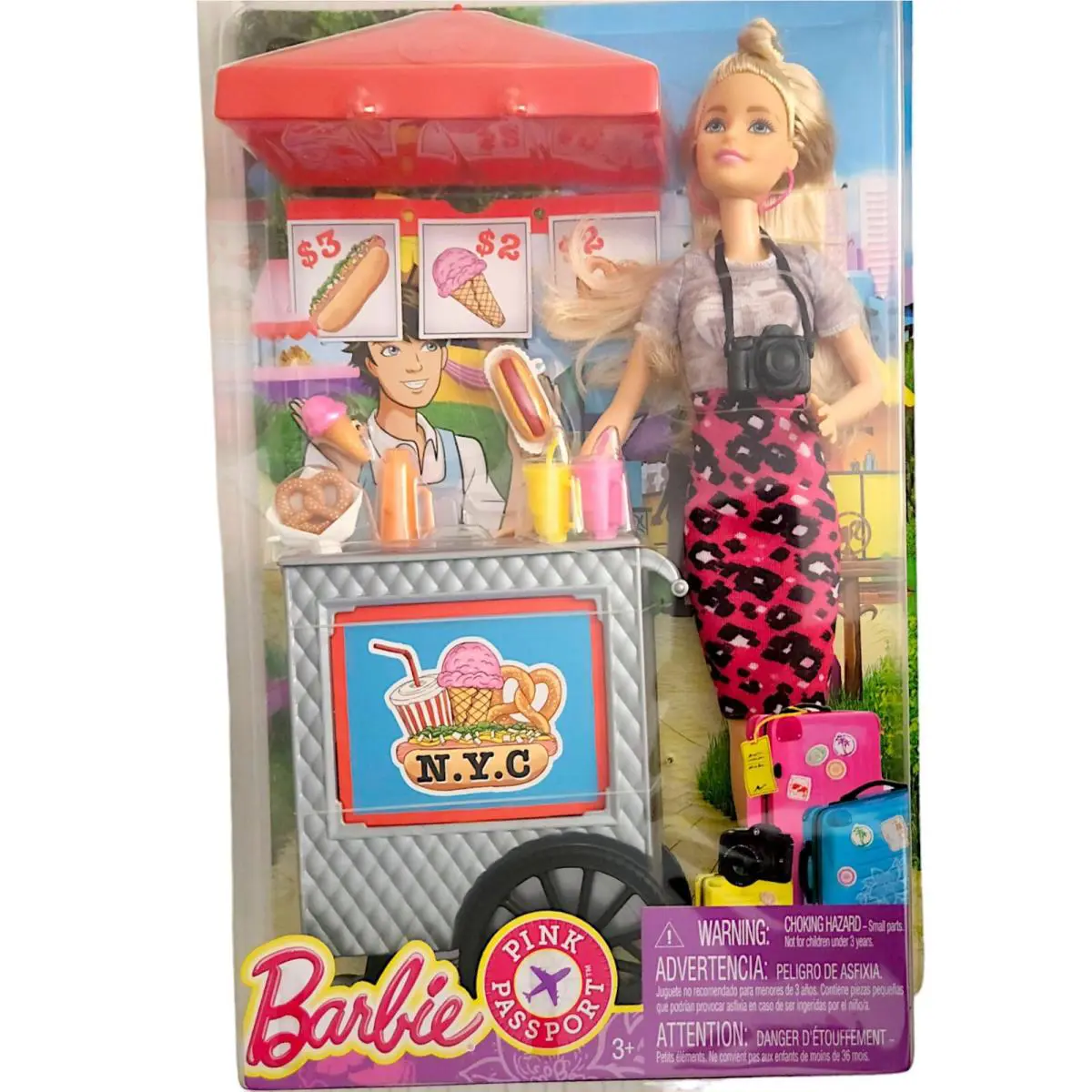 2017 Barbie - Pink Passport Doll and Cart Nyc York City Mattel Rare