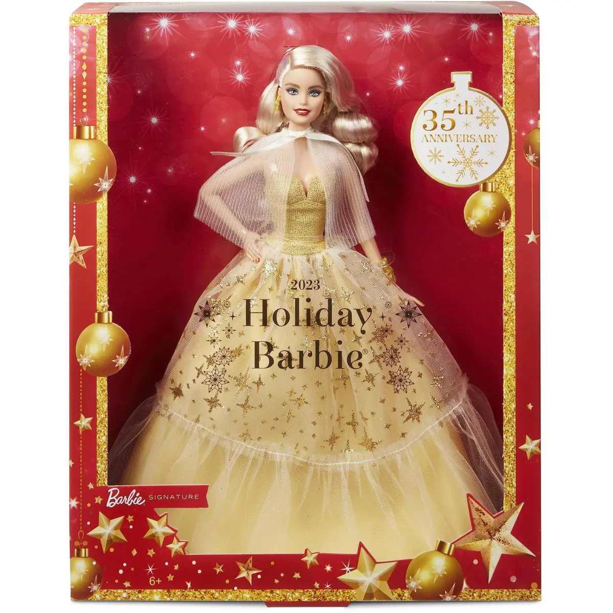 2023 Holiday Barbie 35th Anniversary Doll with Golden Gown and Stand