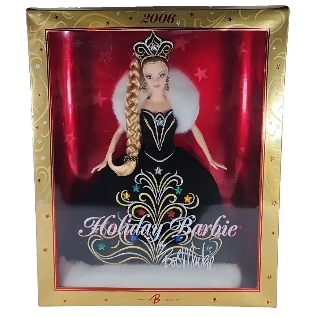 2006 Holiday Barbie Bob Mackie Edition Gold Silver Tone Embelishments Gown Stand