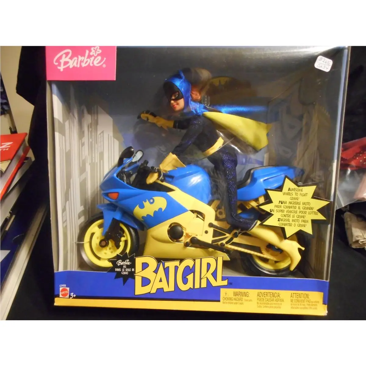 Barbie Batgirl Doll Blue Yellow Motorcycle 2003 Nrfb C7458