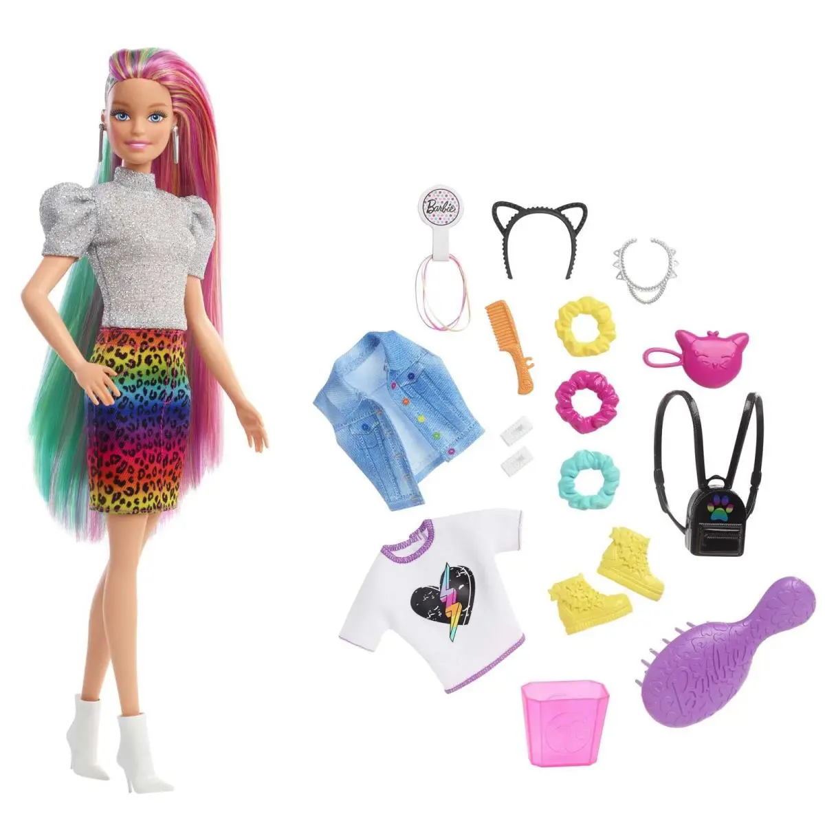 Barbie Leopard Rainbow Hair Doll with 16 Accessories Color Change Fun 12 Inch