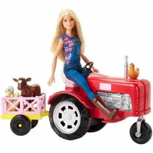 Barbie Farmer Doll Tractor with Accessories Wagon Barnyard Animals Creased Box