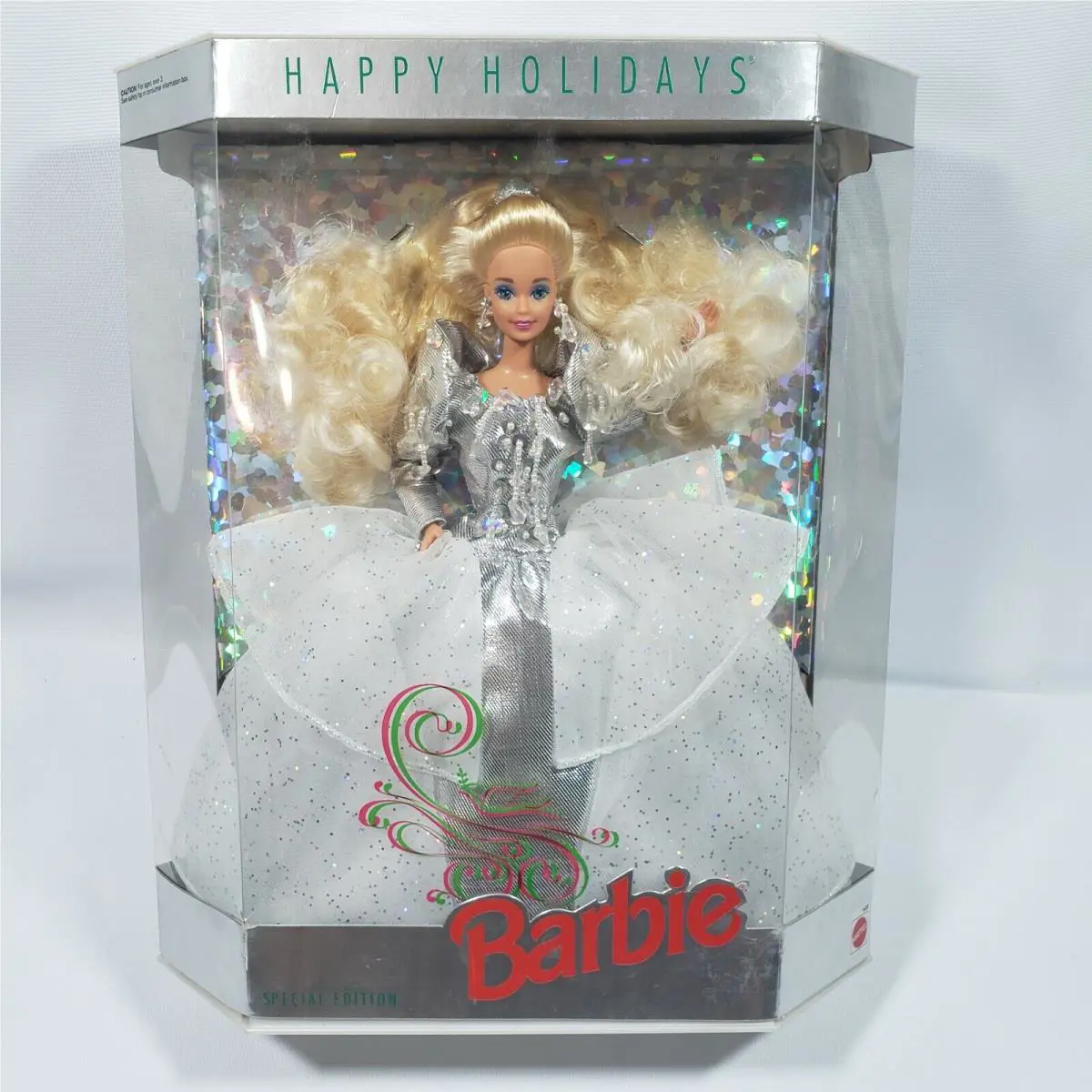 Vintage 1992 Happy Holidays Barbie Doll Blonde Hair Silver Dress Mattel 1429