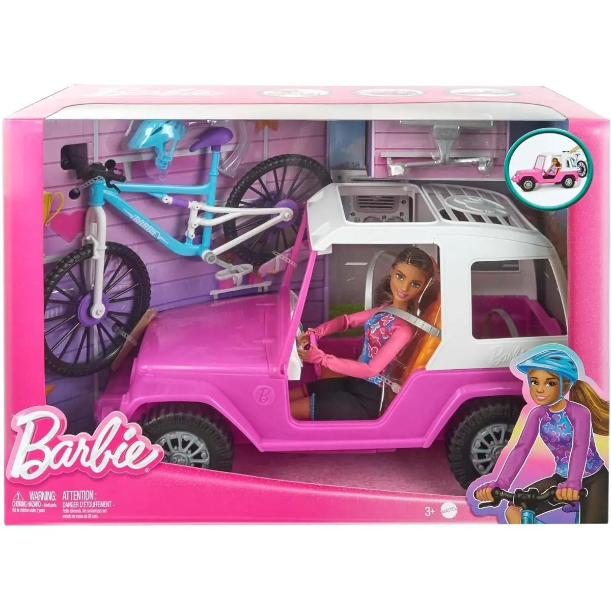 Barbie Doll Large Pink Jeep Mountain Bike Rack Helmet Car Sport Adventure Toy
