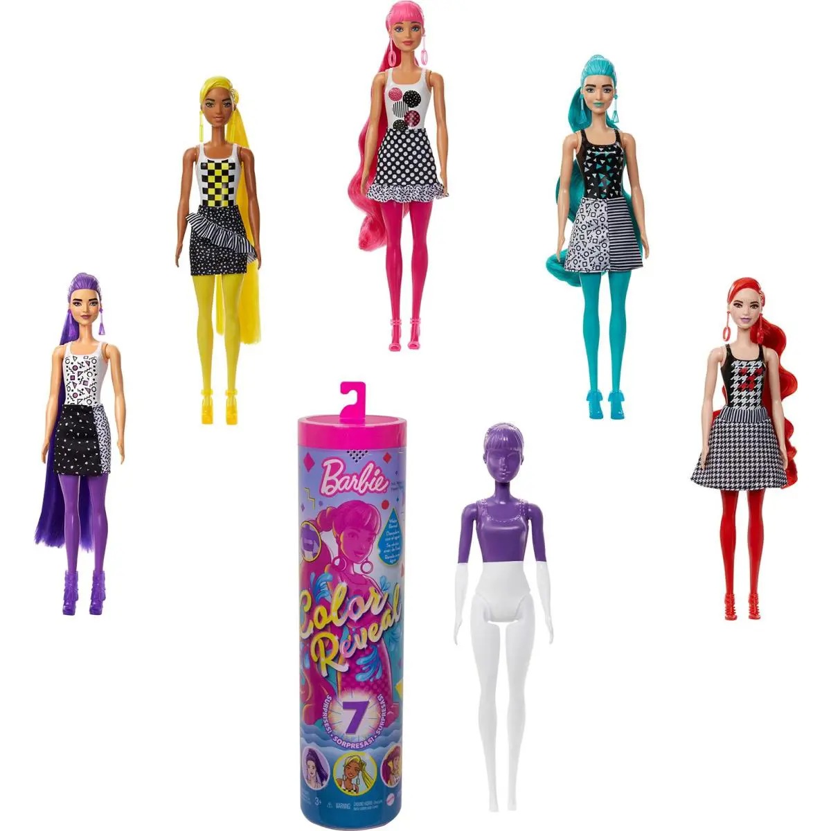 Barbie Color Reveal Multicolor Doll with 7 Surprises and Color Change Fun