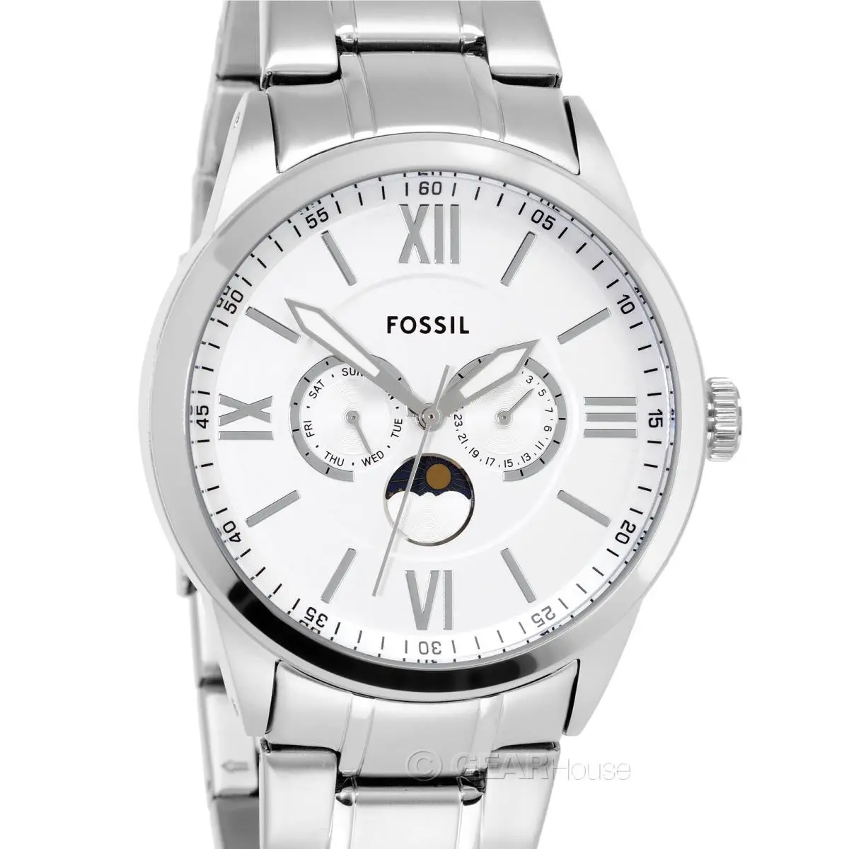 Flynn Mens Multifunction Watch White Dial Day Date Moon Sun Silver Steel by Fossil