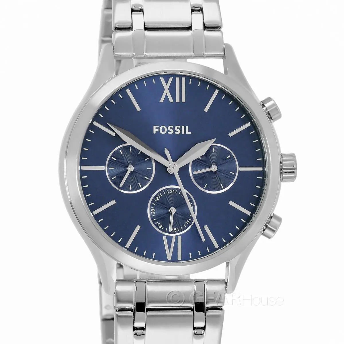 Fossil Fenmore Mens Multifunction Watch Blue Dial Silver Stainless Steel Band