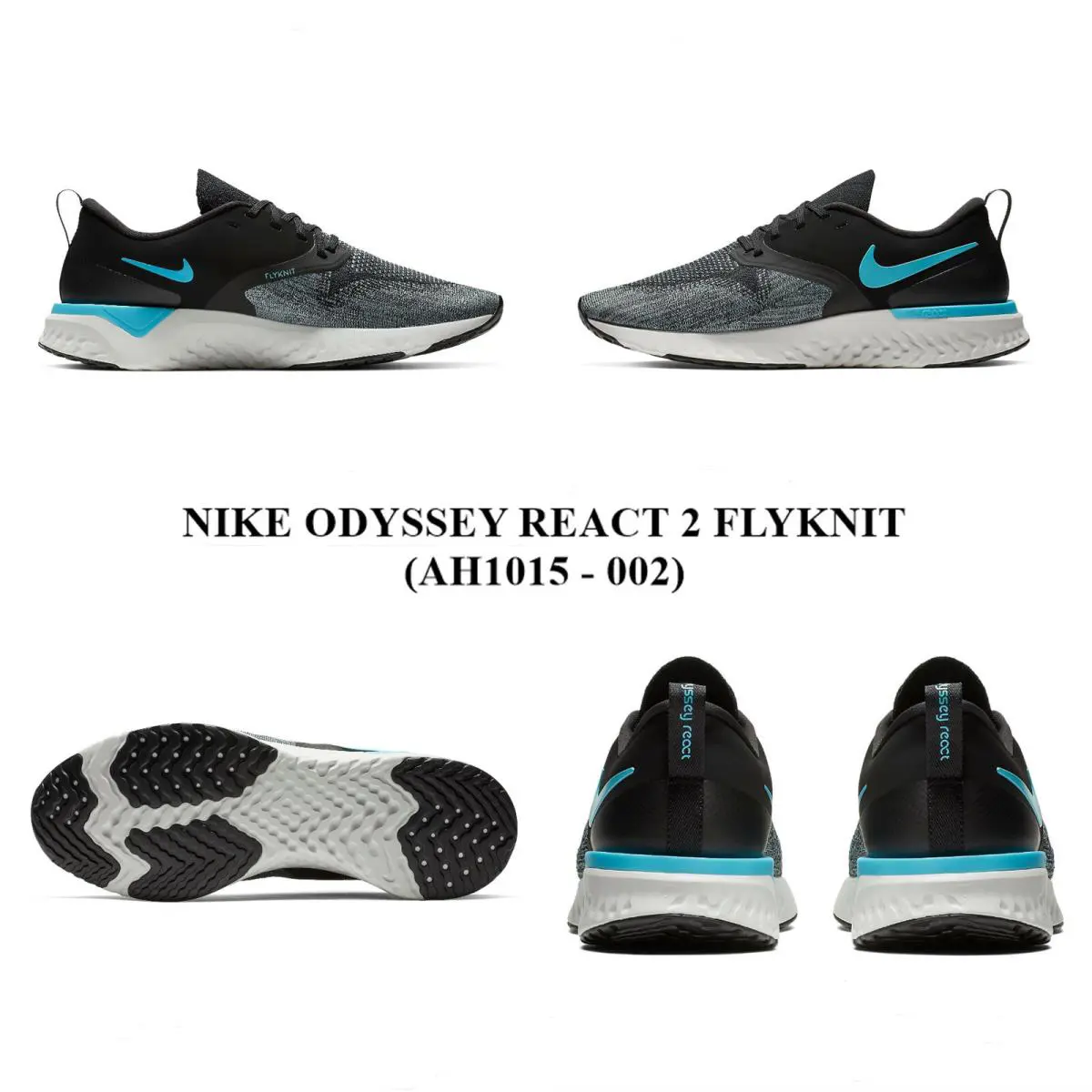 Nike Odyssey React 2 Flyknit AH1015 - 002 Men`s Running Shoes.nwb. NO Lid - BLACK/BLUE FURY-AVIATOR GREY