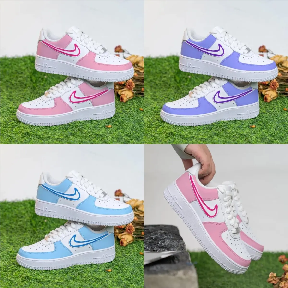 Nike Air Force 1 Low Custom White Shoes Retro Unc Blue Baby Pink Lilac Purple Pop Art