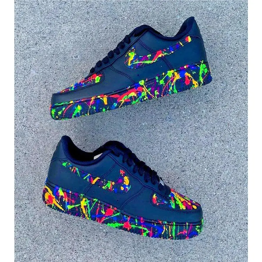 Nike Air Force 1 Custom Shoes Black Neon Splatter Art Green Blue Red Mens Womens Kids