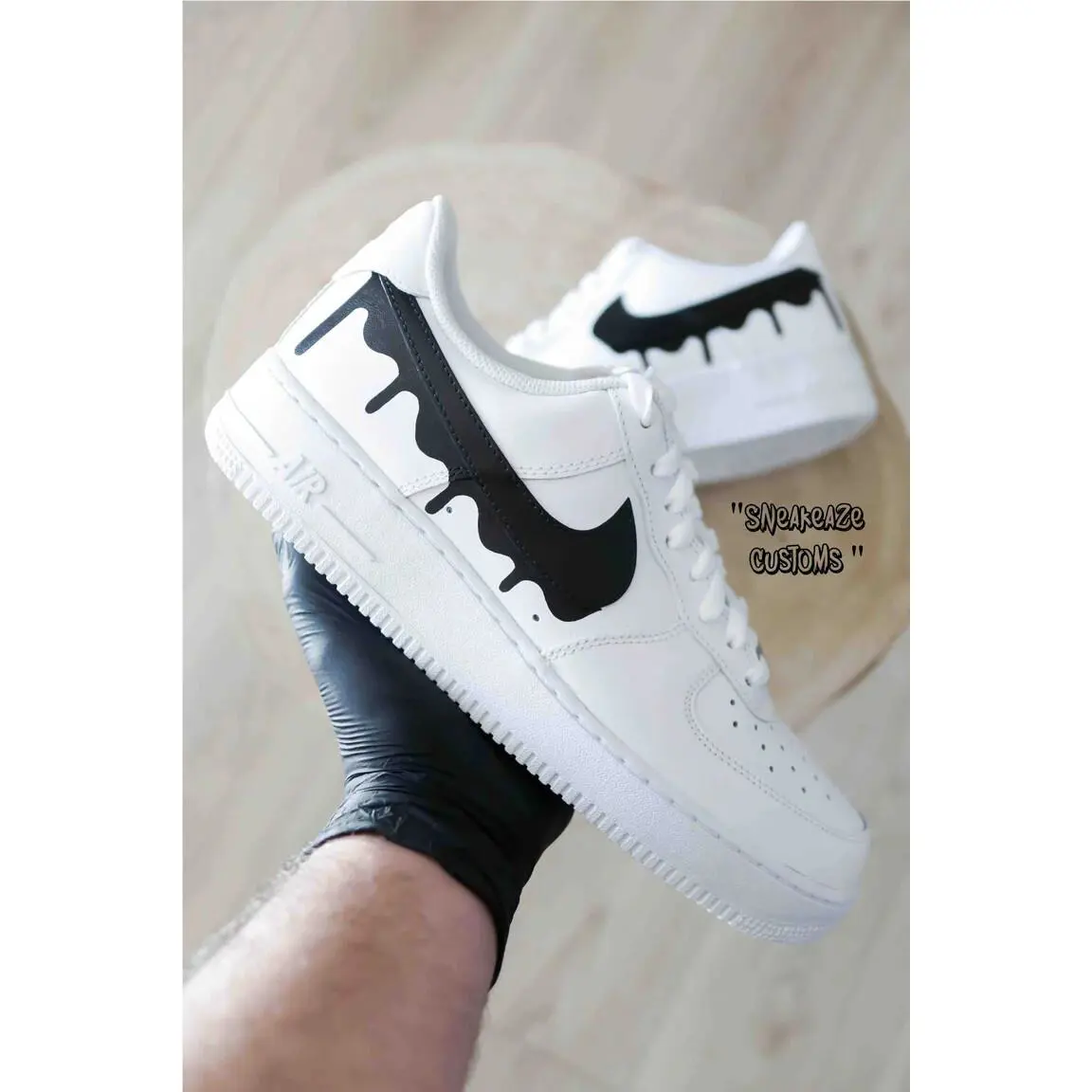 Nike Air Force 1 Custom White Shoes `black Drip Swooshes` Retro Mens Womens Kids Size