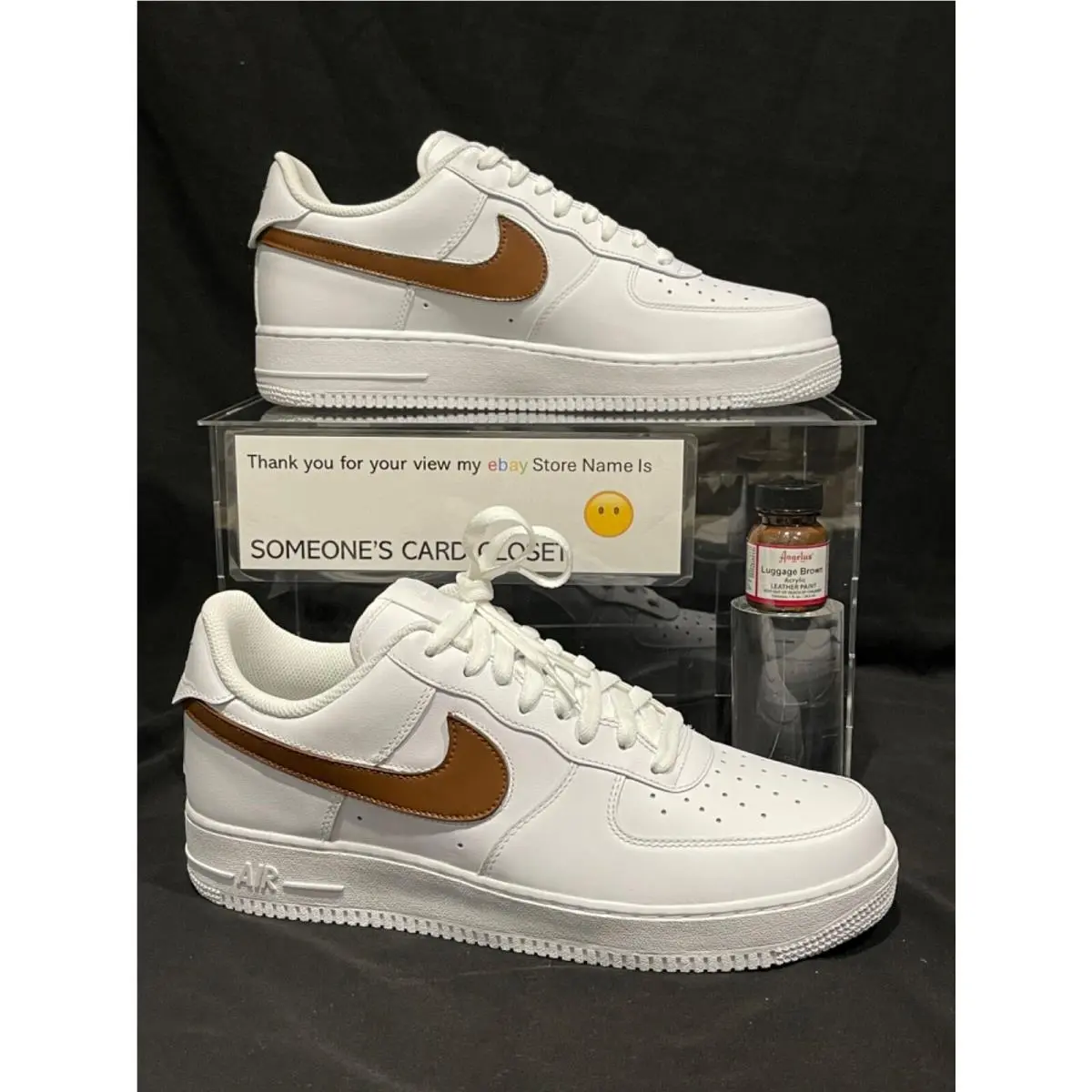 Nike Air Force 1 Low White Luggage Brown Custom Painted Swoosh Sc- 44W