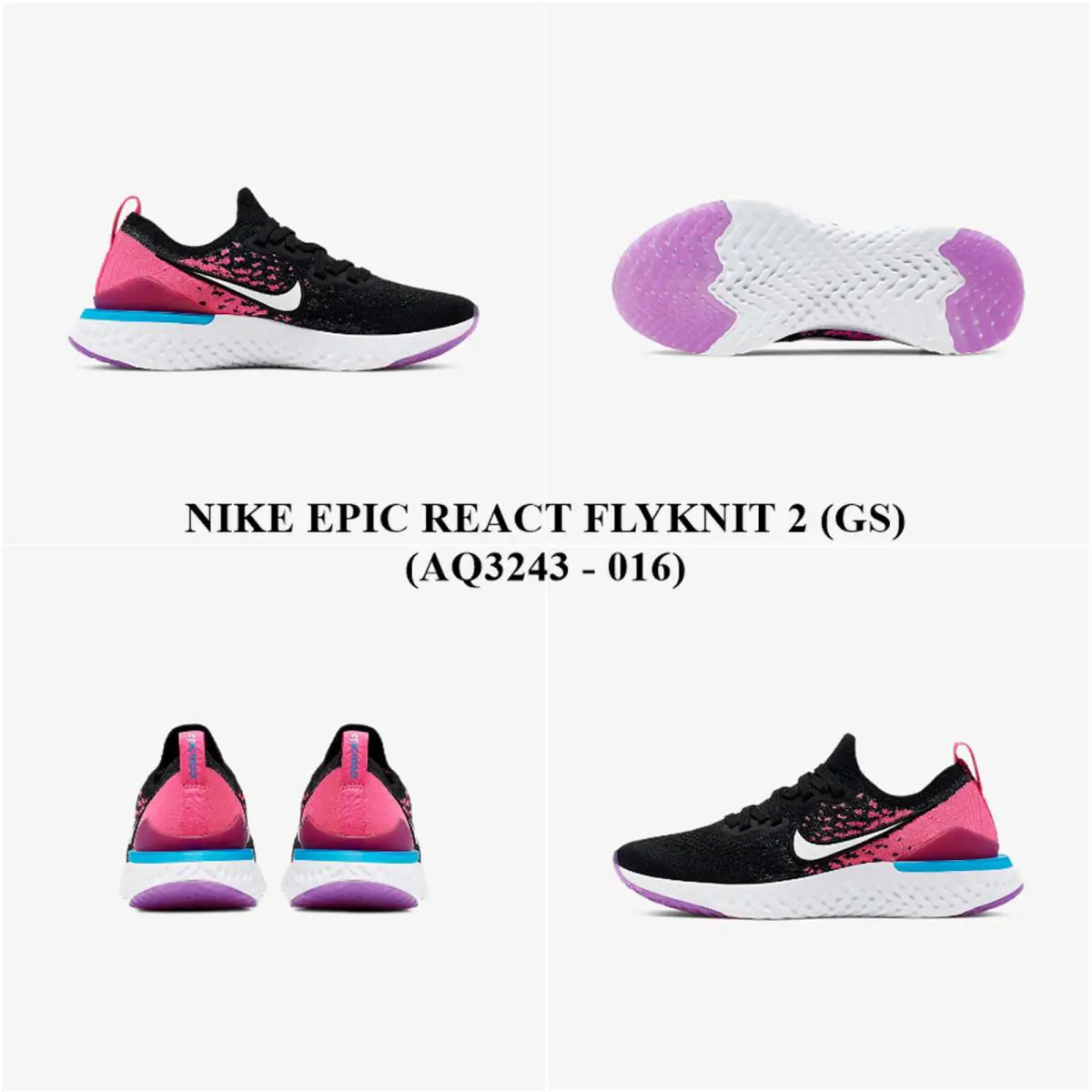 Nike Epic React Flyknit 2 GS AQ3243 - 016 Women`s Running/casual Shoes. NO Lid - BLACK/WHITE-PINK BLAST