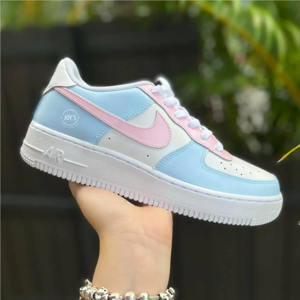 Nike Air Force 1 Low Custom White Shoes Cotton Candy Bubblegum Baby Blue Baby Pink