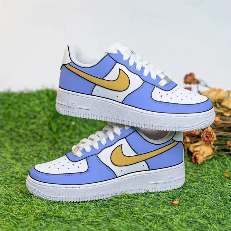 Nike Air Force 1 Low Custom White Shoes Pop Art Retro Comic Style Blue Mustard Yellow