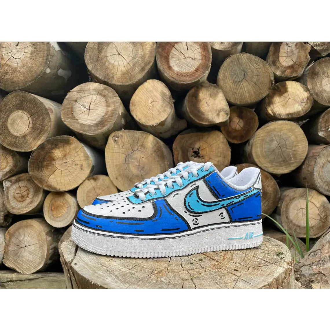 Nike Air Force 1 Custom White Shoes Teal Blue Cartoon Outline Retro Mens Womens