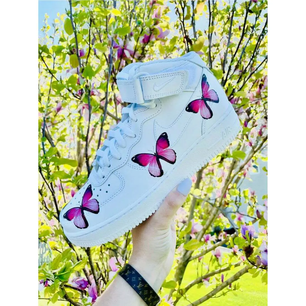 Nike Air Force 1 Custom Mid Pink Butterfly Design White Shoes Art Mens Womens Kids