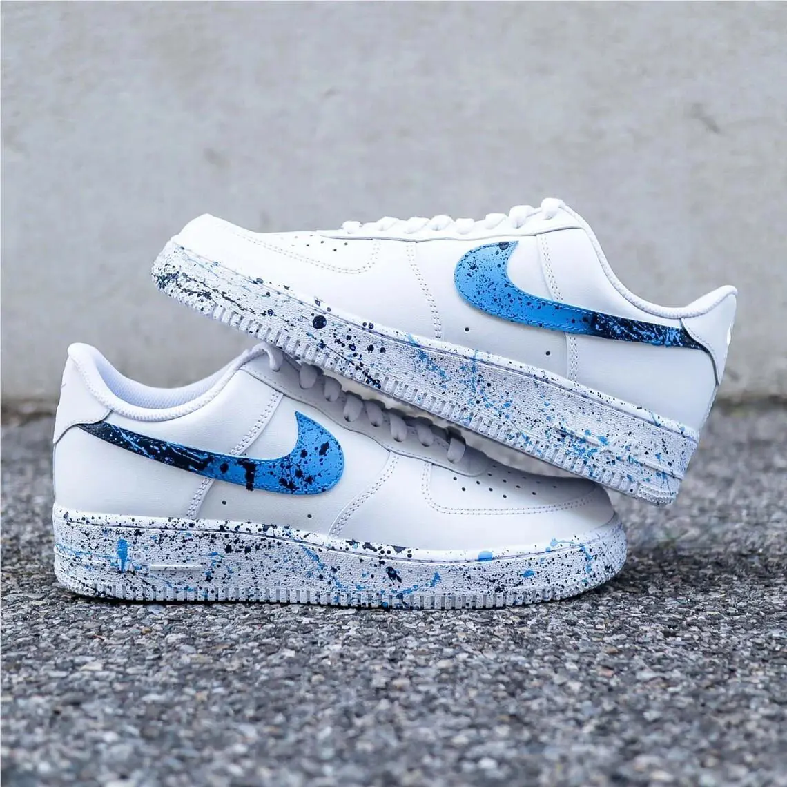 Nike Air Force 1 Custom Light Dark Blue Splatter Swoosh White Shoes Mens Womens