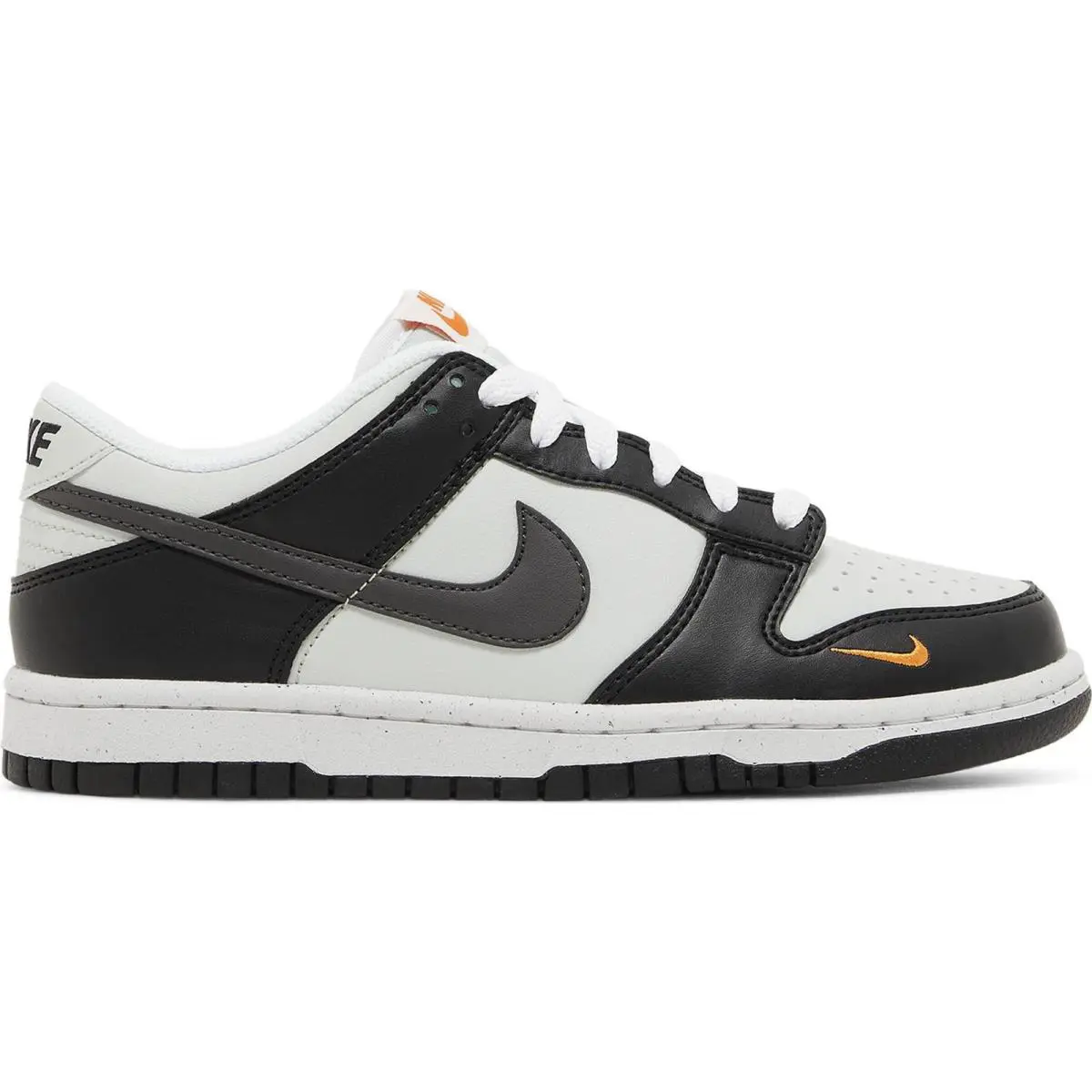 FN7784-001 Grade School Nike Dunk Low `black Bright Mandarin Mini Swoosh GS ` - Black/Light Silver/Bright Mandarin/Medium Ash