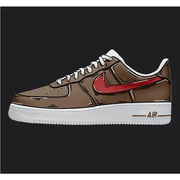 Nike Air Force 1 Custom Shoes `brown Red Swoosh Cartoon` Art Mens Womens Kids Size