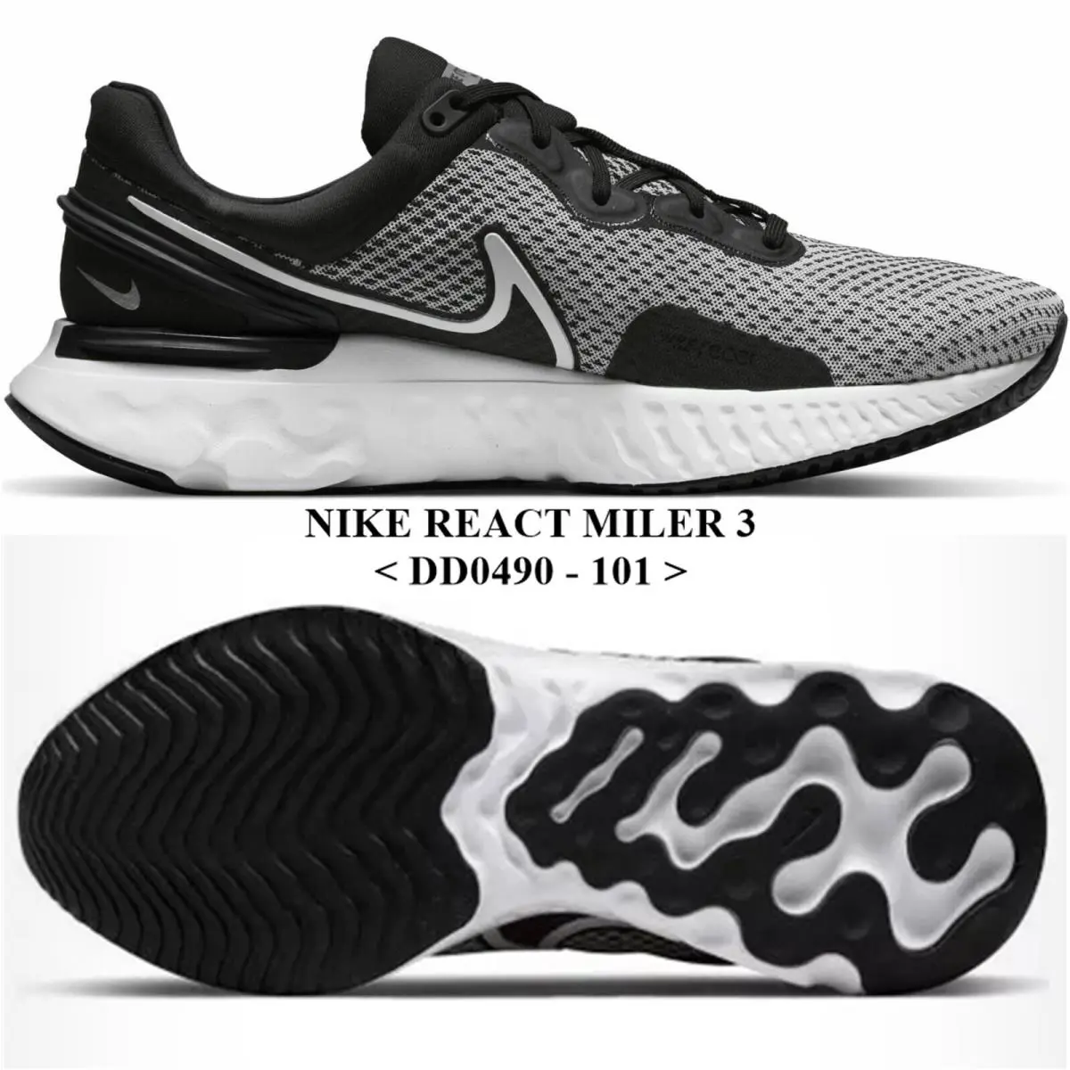 Nike React Miler 3 DD0490 - 101 Men`s Running Shoes. NO Lid - BLACK/WHITE