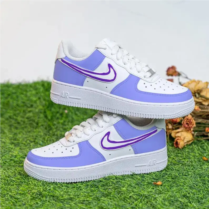 Nike Air Force 1 Low Custom White Shoes Unc Blue Neon Outline Swoosh Cool Pop Art