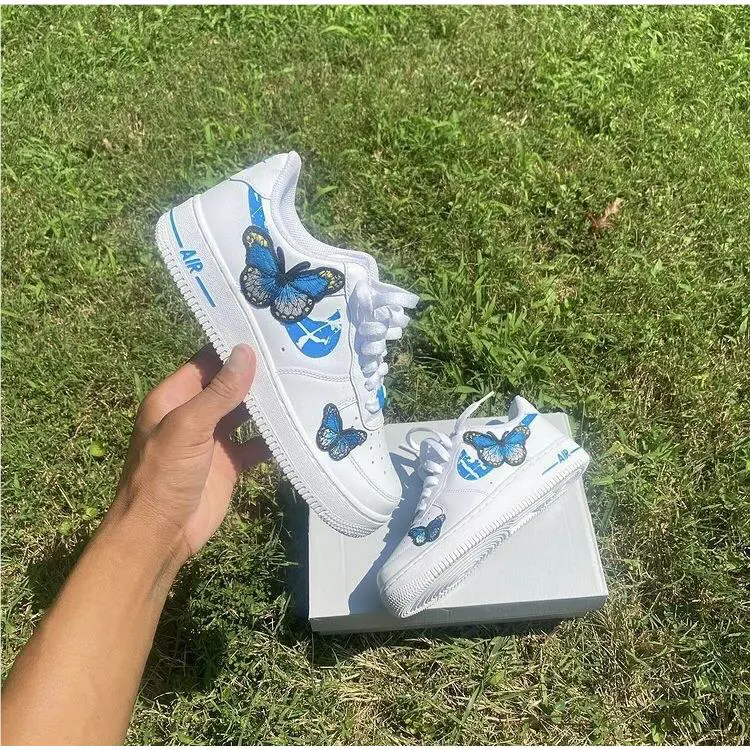Nike Custom Air Force 1 Blue White Splatter Swoosh Butterfly Shoes Mens Womens Kids