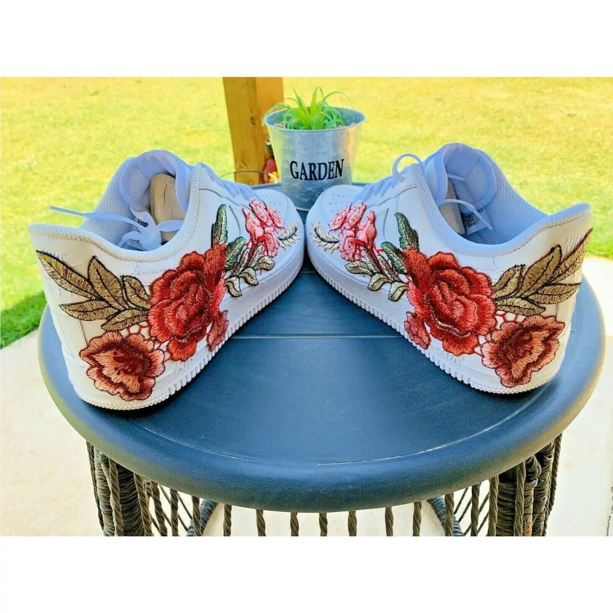 Nike Air Force 1 Custom Embroidery Floral Art White Shoes Rose Red Long Mens Womens