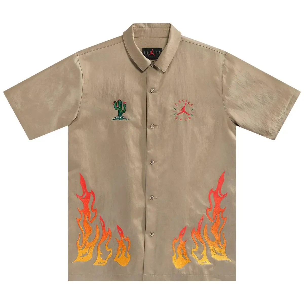 CW3128-247 Mens Air Jordan X Travis Scott Cactus Jack Button Down Shirt - Khaki/University Red
