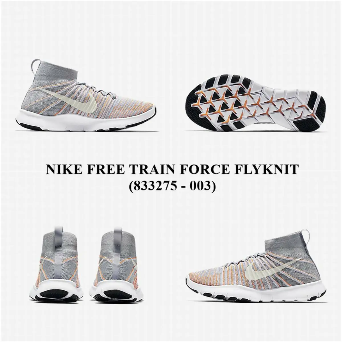 Nike Men`s Free Train Force Flyknit 833275 - 003 Trainning Shoes Nwbox NO Lid - WOLF GREY / WHITE-TOTAL ORANGE