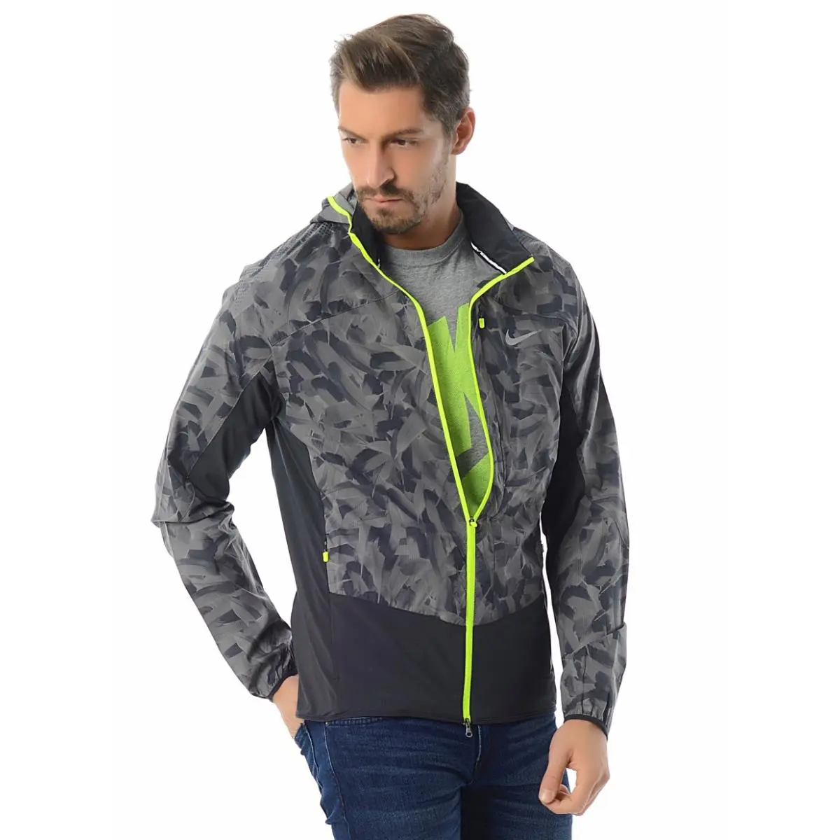 Nike Printed Trail Kiger Full-zip Packable Men`s Running Jacket - Light Ash/Dark Ash with Yellow Trim