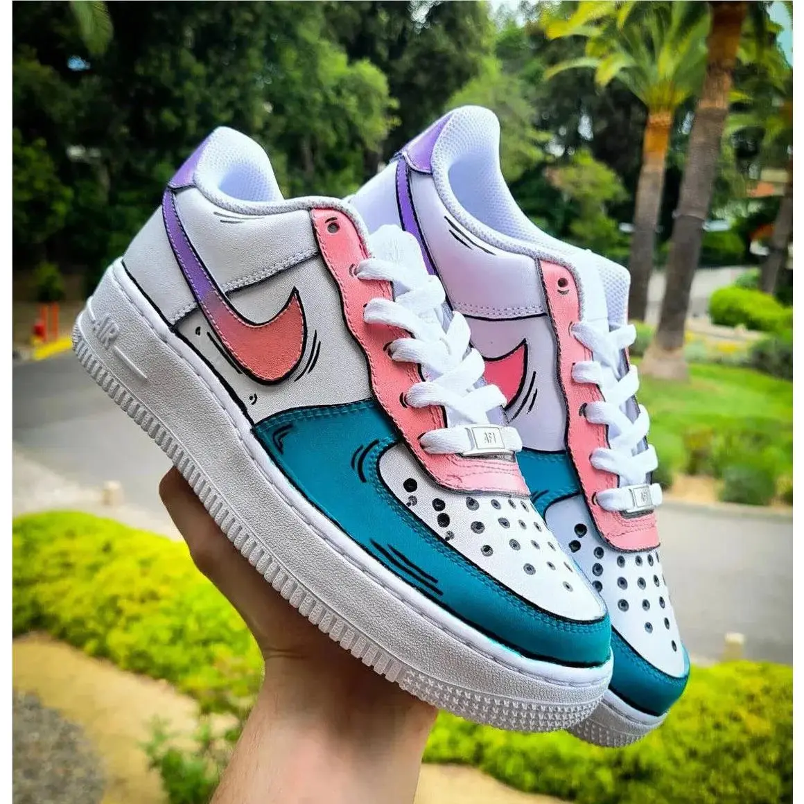 Nike Air Force 1 Custom Graffiti Cartoon Art Peach Blue Purple Mens Womens Kids